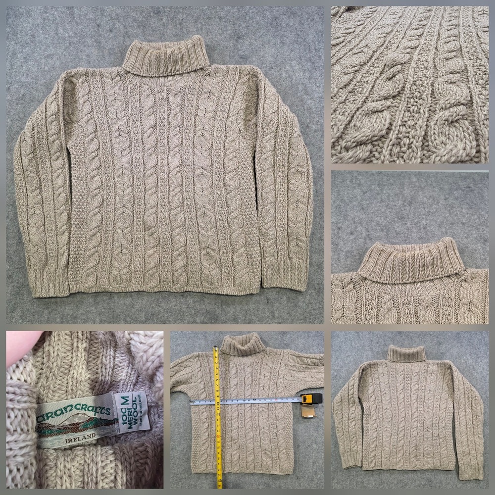 Aran Crafts Sweater Womens Medium Beige Wool Turtleneck Knit Pullover Ireland